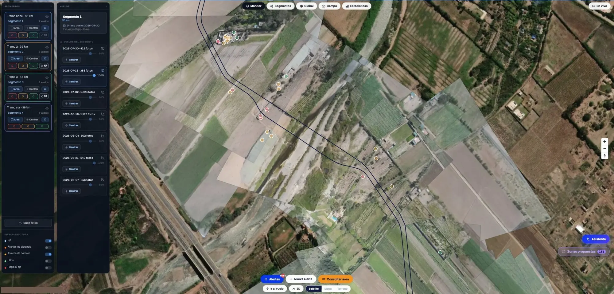 Captura de la mesa de trabajo de Aerial Fences: las fotos de un vuelo puestas en su lugar sobre el mapa, el eje, los hallazgos marcados en colores y, a la izquierda, los paneles de tramos y campañas